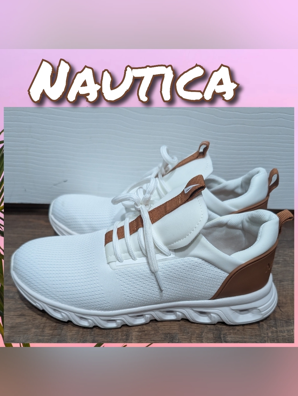 Nautica White Knit Sneakers with Tan Accents